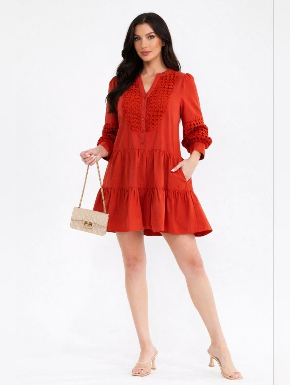 Rust Red Embroidered Tiered Mini Dress with Pockets
